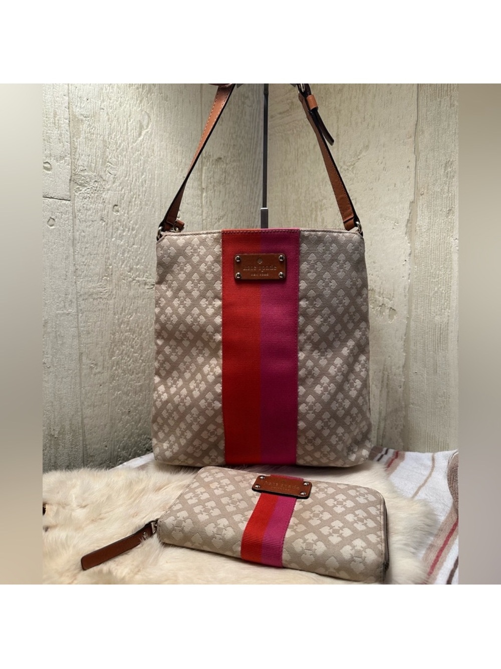 kate spade Beige Shoulder Bag with Red and Pink Stripe